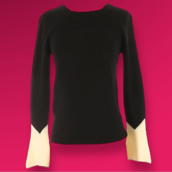 Merino Wool Crew Sweater Black Small Contrast Ivory Sleeves - Picture 2 of 13